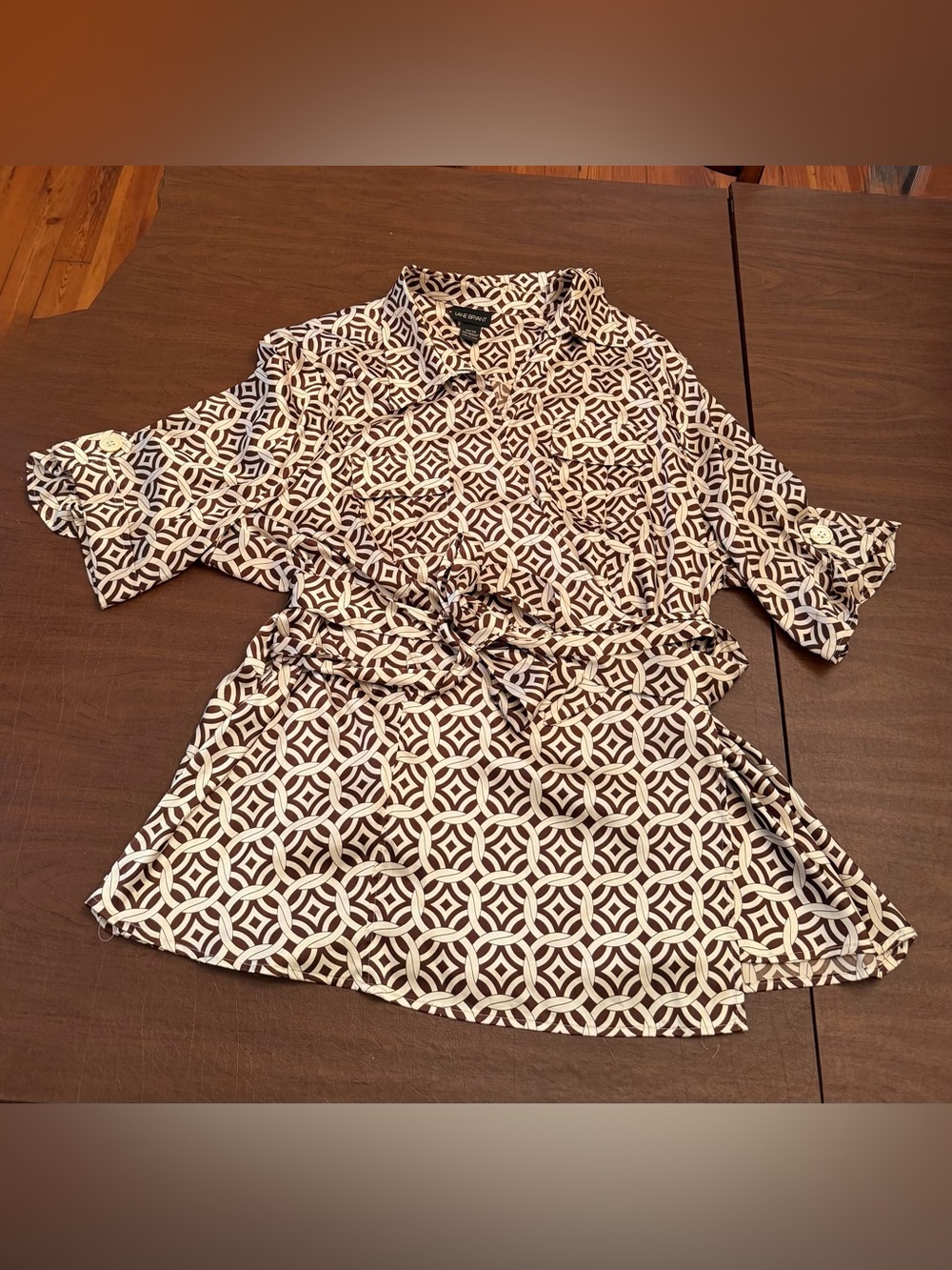 Lane Bryant Geometric Faux Wrap Blouse Top Belted Roll Tab Sleeve Brown Cream 28